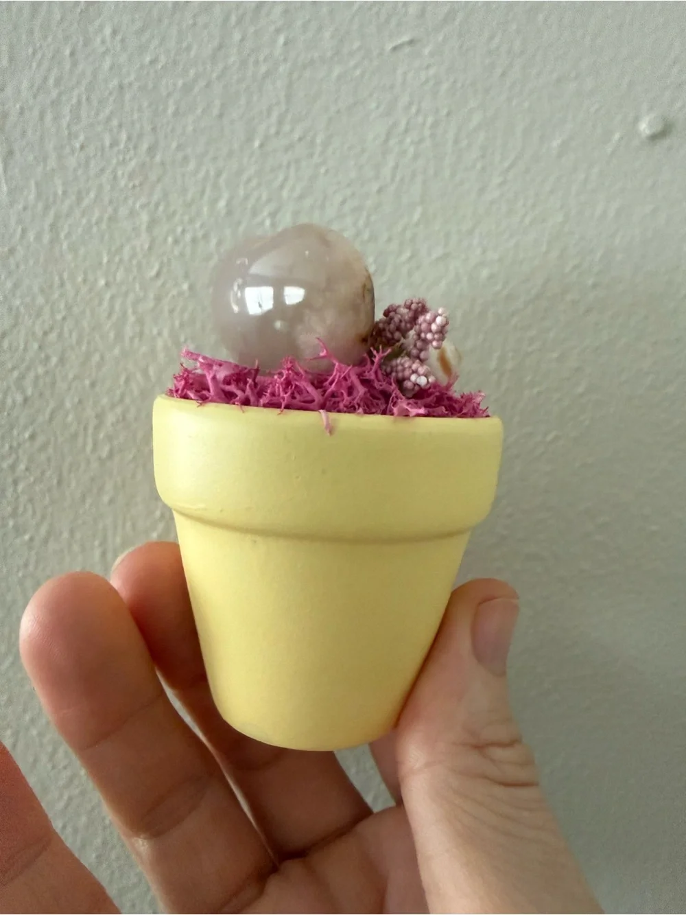 Handcrafted Yellow Mini Pot with Pink Moss and Shell Accents